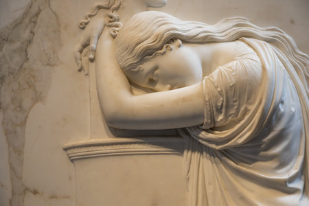 Possagno, Italy - June 2022: funeral sculpture by Antonio Canova. Marble memorial on tombstoneのeditorial素材