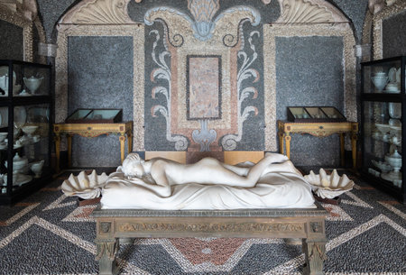 Isola Bella, Italy - 01 August 2023: Sleeping Venus by Giovanni Battista Monti, 1789 - white marble, Greek style statueのeditorial素材