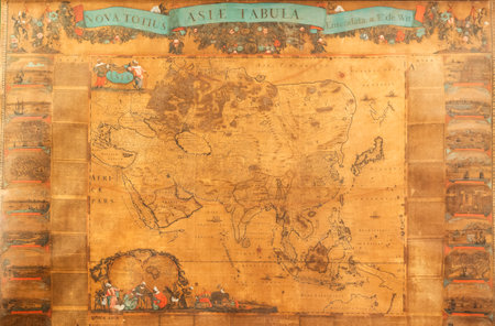 Genoa, Italy - 28 December 2023: ancient cartography located in Spinola Palace. Authentic old map showing the world known to Europeans in the mid 17-th Century. Exploration, geography, vintage background.のeditorial素材