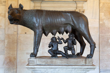 Rome, Italy - 20 August 2023: Capitoline museum, She-wolf, masterpiece of bronze sculpture early 5th century BCのeditorial素材