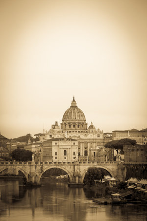 Rome old postcard, Vatican Dome with bridge on Tiber river - vintage style, retro textureのeditorial素材