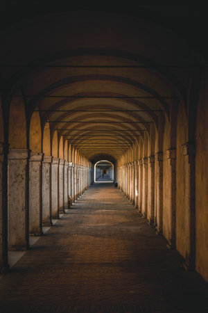 Dark tunnel perspective. Grunge architecture, old corridor in shadowのeditorial素材