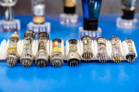 Turin, Italy - 30 April 2024. Museum of Radio and Television. Series of old thermoelectronic tubes and valves.のeditorial素材