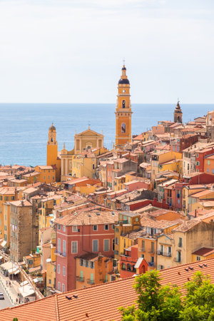 Menton, France - 18 August 2024: view of the French riviera village with blue sky and seaの写真素材
