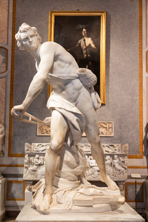 Rome, Italy - 28 December 2023: Galleria Borghese museum - David by Gian Lorenzo Bernini, 1624 - statuary marbleのeditorial素材