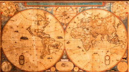 Genoa, Italy - 8 August 2023: Spinola Palace. Authentic antique map shows the world known to Europeans in the mid 17-th Century. Exploration, geography, vintage backgroundのeditorial素材