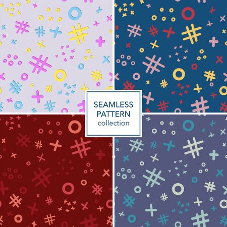 Fantastic retro design in Memphis style. Circles, crosses and other coloured elements are randomly arranged. The pattern are arranged in seamless tile.のイラスト素材