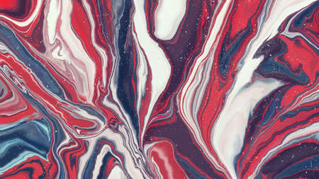 Digital fluid art in red, white and blue acrylic. Abstract creative trend background. Dynamic lines, fluid movements, burst of emotions, passion, freedom.の写真素材