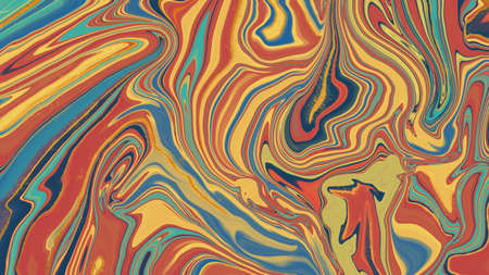 Fluid artistic texture. Abstract background with marbled paint effect. Liquid acrylic graphics with chaotic mixed colors. Smooth, wavy lines in blue, orange and yellow with gold accents.の写真素材
