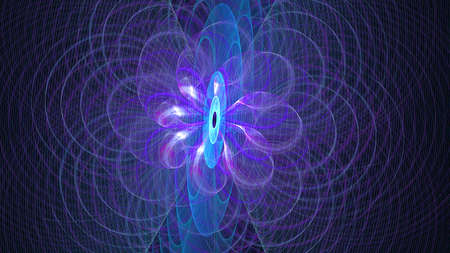 Symmetric blue fractal, purple accent. Wireframe effect. Fantasy background computer generated . Futuristic abstract energy pattern. Light lines.の写真素材