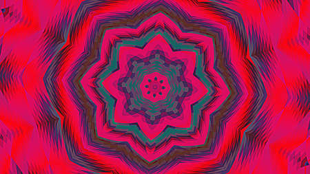 Beautiful fractal mandala. Magical kaleidoscope effect pattern. Digital artwork, concentric stars. Red and magenta palette with teal accent color. Intricate designの写真素材