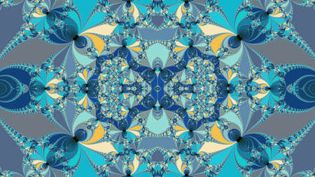 Blue fractal mandala. Abstract shapes in azure tones with an accent of yellow. Digital artwork for creative design. Symmetrical pattern.の写真素材