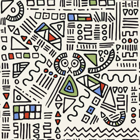 Abstract, hand drawn vector pattern inspired by Joan Miro. Geometric shapes, waves, lines, triangles, squares and circles. Black and white draw with accent of blue,red and green.のイラスト素材