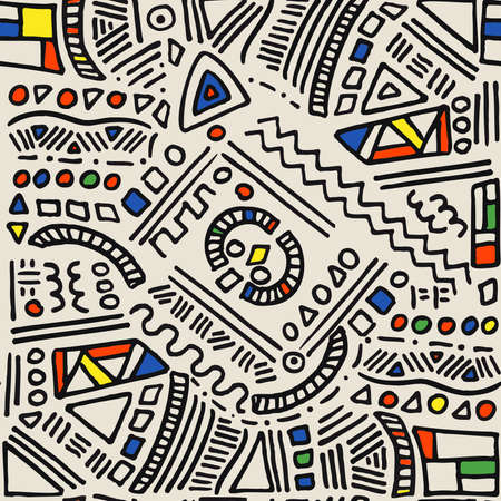 Abstract, hand drawn vector pattern inspired by Joan Miro. Geometric shapes, waves, lines, triangles, squares and circles. Black and white draw with accent of blue,red, yellow and green.のイラスト素材