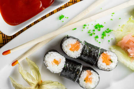 Japanese healthy food-sushi on a white plateの写真素材