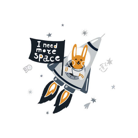 cute bunny in rocket and lettering i need more space. Vector illustration on the cosmic theme in childish styleのイラスト素材