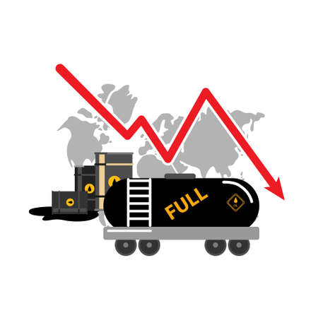 barrels and tanks with oil in front of world map and falling down arrow. oil industry conceptのイラスト素材