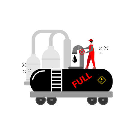 oil industry worker with a pipe in front of an oil refinery and a tank for transporting petroleum products. oil industry conceptのイラスト素材