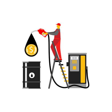 worker with fuel nozzle near a gas station. drop of oil with dollar sign falling into a barrel. Oil industry conceptのイラスト素材