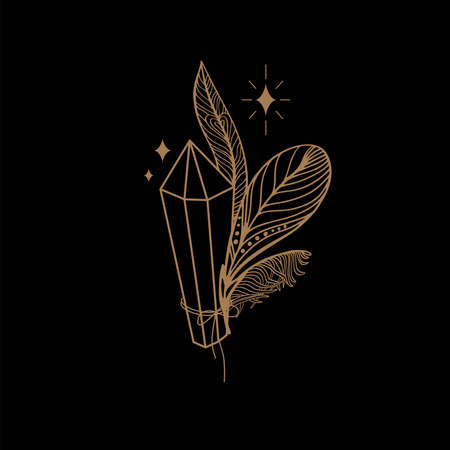 Esoteric mystical vector elements. Thin line of the geometric icon. Mystical and magical design with crystals, feathers, starsのイラスト素材