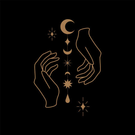Mystical celestial illustration with hands, stars, planets and geometric elements. Hand and celestial elements. Vector vintage elements for t-shirt, poster design, flash tattoo, sticker, patch or printのイラスト素材