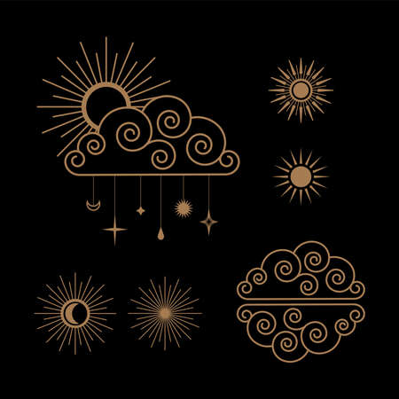 Hand drawn set of celestial bodies. Flash tattoo, sticker, patch or print design vector illustration. vector illustration of sun, stars, moon, clouds. Vector vintage elements for t-shirt, poster design.のイラスト素材