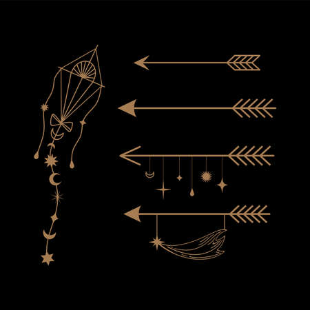 Magic symbolic art in boho style. kite, Arrow, feather, moon, crystal, beads. Spirituality, alchemy, sacred geometry design element for invitation, tattooのイラスト素材