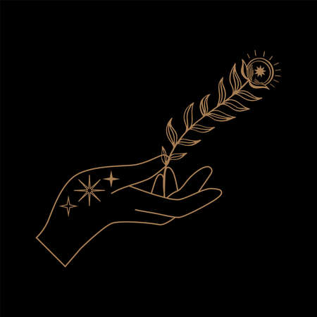 Mystical celestial illustration with hands, stars, planets and geometric elements. Hand and celestial elements. Vector boho vintage elements for t-shirt, poster design, flash tattoo, stickerのイラスト素材