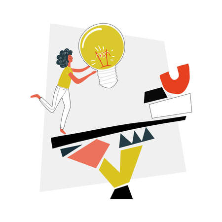 Girl balancing on geometric shapes with light bulb in her hand. Idea generation concept flat vector illustration. conceptual drawing for solving problems and creativity. Balancing girl doodle drawingのイラスト素材