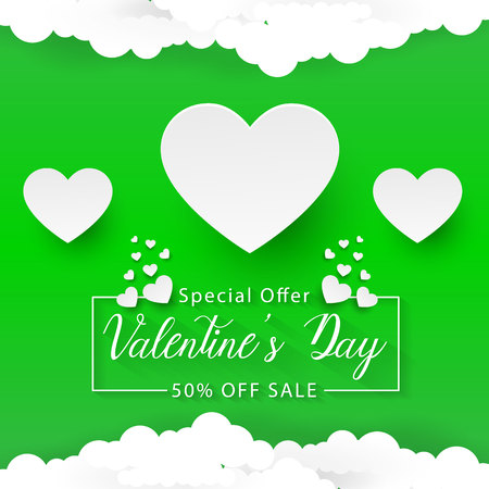 Valentines day green and white background, paper art style, heart in speech bubble with clouds, vector, illustrationのイラスト素材