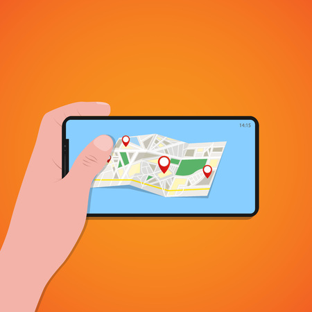 Finger touch of smartphone screen with location map, orange background, vector, illustration, eps...