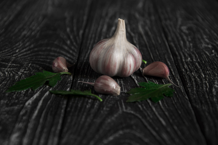 Garlic on a black background and green leavesの写真素材