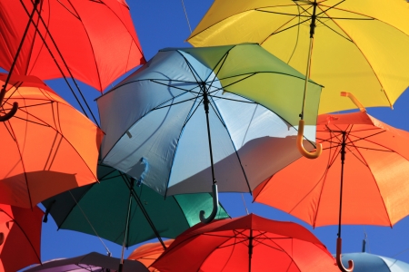 Street decorated with colored umbrellas Madrid,Getafe, Spainの写真素材