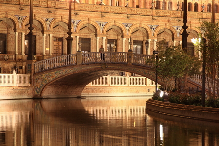 Night at famous Plaza de Espana in Sevilla, side viewの写真素材