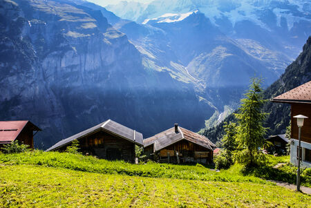 View of the Swiss alps: Beautiful Gimmelwald village, central Switzerlandの写真素材