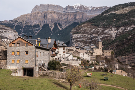 Mountain Town, Torla, Pyrenees, Ordesa y Monte Perdido National Park, Spainの写真素材