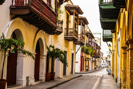 Typical street scene in Cartagena, Colombia of a street with old historic colonial housesのeditorial素材
