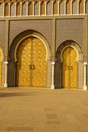 Closeup of 3 Ornate Brass and Tile Doors to Royal Palace in Fez, Moroccoのeditorial素材
