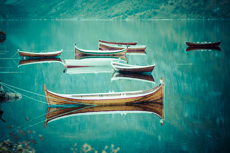 Fishing boat in harbour Reine, Lofoten Islands, Norwayの写真素材