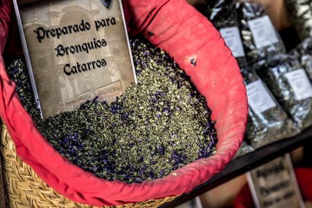 Spices, seeds and tea sold in a traditional market in Granada, Spainの写真素材
