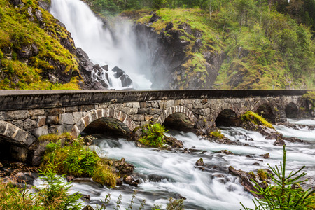 The famous Laatefossen in Odda, one of the biggest waterfalls in Norwayの写真素材
