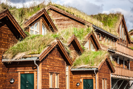 Typical norwegian house with grass on the roofの写真素材