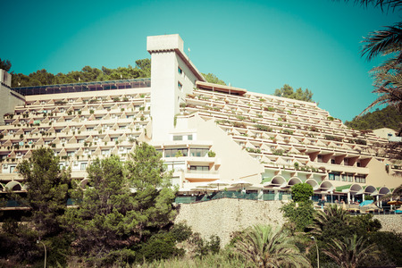 holiday apartment building and sun terrace in Ibiza island, Spainのeditorial素材