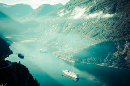 Cruise ship in Geiranger fjord, Norway  August 5, 2012のeditorial素材