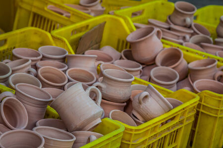 Rustic handmade ceramic clay brown terracotta cups souvenirs at street handicraft market in gafsa,Tunisiaのeditorial素材