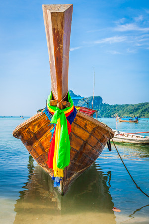 Long boat and tropical beach, Andaman Sea,Phi Phi Islands,Thailandの写真素材