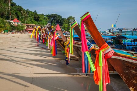 Long boat and tropical beach, Andaman Sea,Phi Phi Islands,Thailandの写真素材