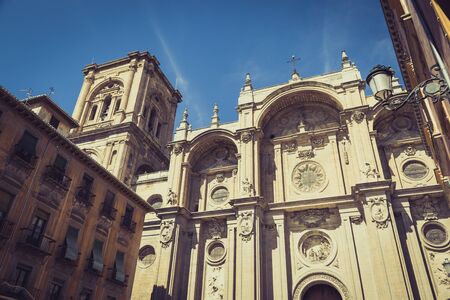 Facade of the renaissance cathedral, Granada, Andalusia, Spainの写真素材