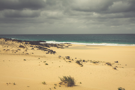 A view of Playa de Las Conchas, a beautiful beach on La Graciosa, a small island near Lanzarote,...