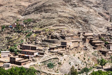 Houses in the mountains close to Imlil in Toubkal National Park, Moroccoの写真素材